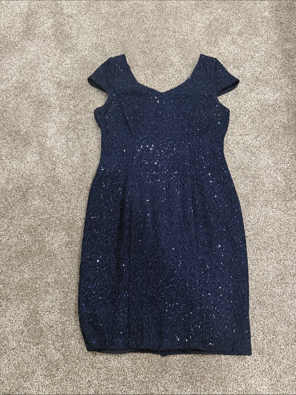 Alex Evenings Navy Sequin Lace Cap-Sleeve Midi Dress